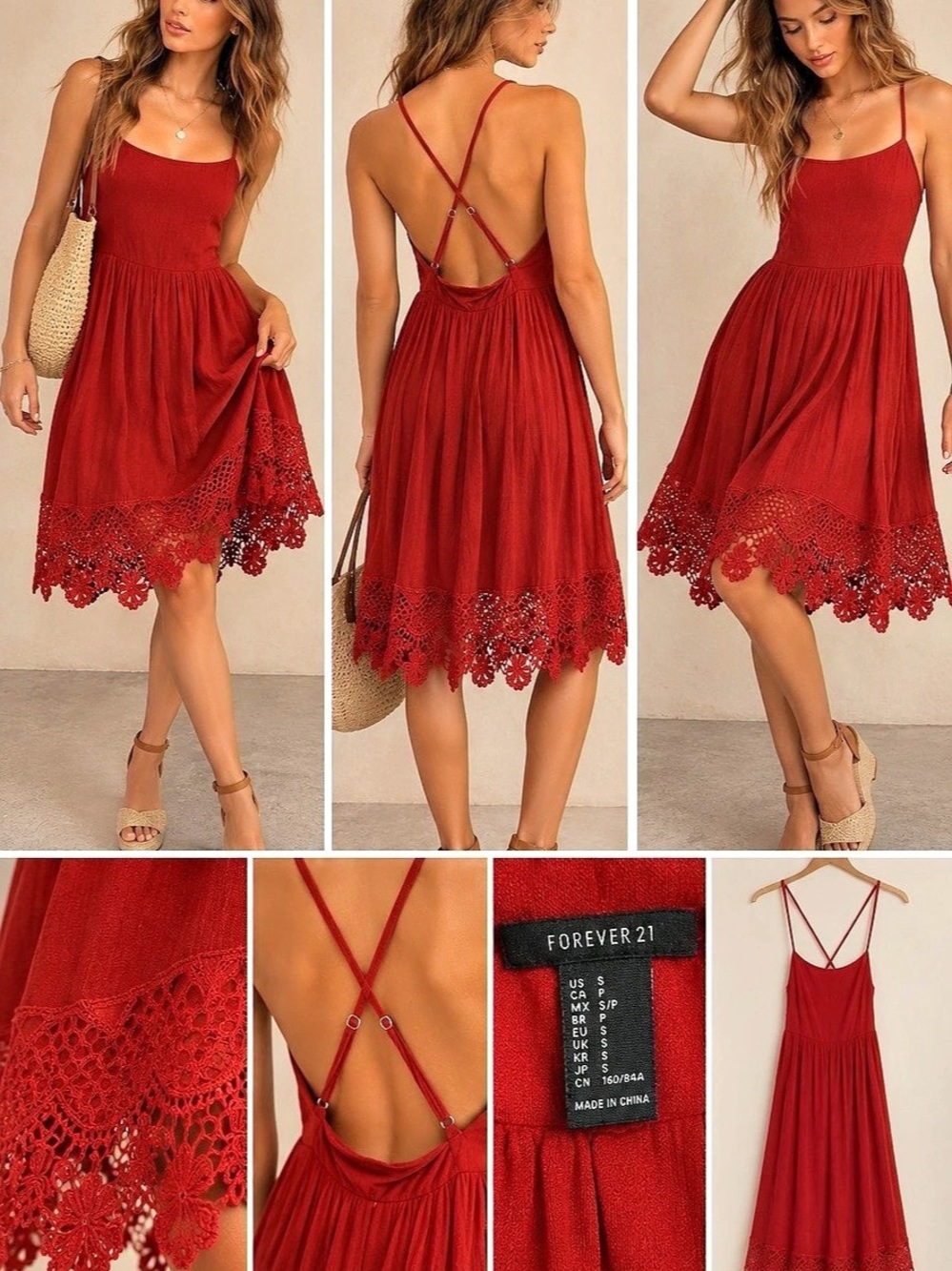 Forever 21 Red Lace Hem Midi Dress Size Small Like New